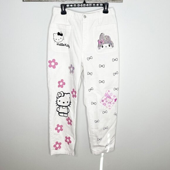 Custom Handmade Hello Kitty Theme Bling White Denim Jeans High Waist Size 29 - Picture 1 of 13